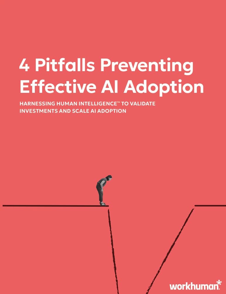 A graphic titled "4 Pitfalls Preventing Effective AI Adoption" is displayed prominently against a coral background. The image features a silhouette of a person leaning forward, as if peering over an edge, illustrating the concept of caution or risk in AI adoption. Below the main title, there is an additional phrase: "Harnessing Human Intelligence™ to validate investments and scale AI adoption," emphasizing the importance of human input in the AI implementation process. The Workhuman logo appears in the lower right corner.