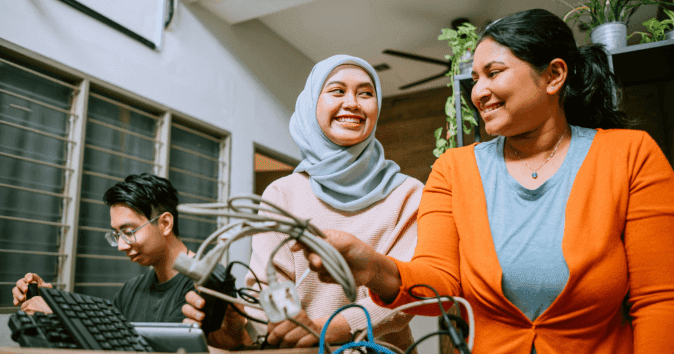 Employees of a green organization encourage saving energy