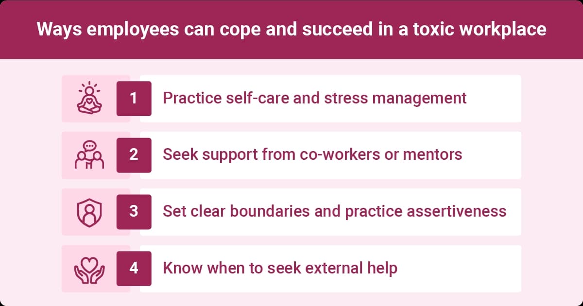 An infographic outlining strategies for thriving in a toxic workplace, including self-care, support networks, boundaries, and seeking help.