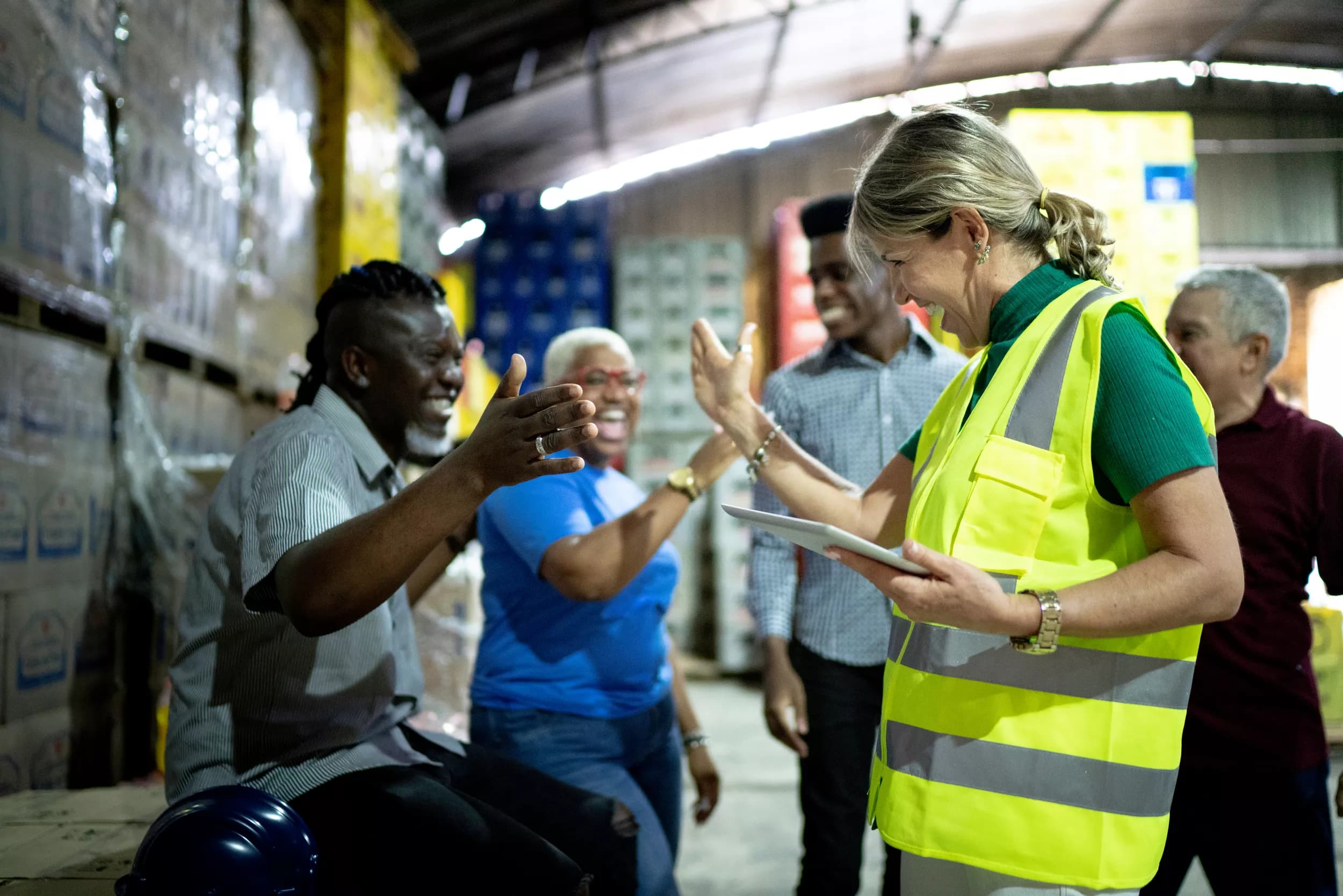 A group of employees celebrate with high fives in a warehouse environment