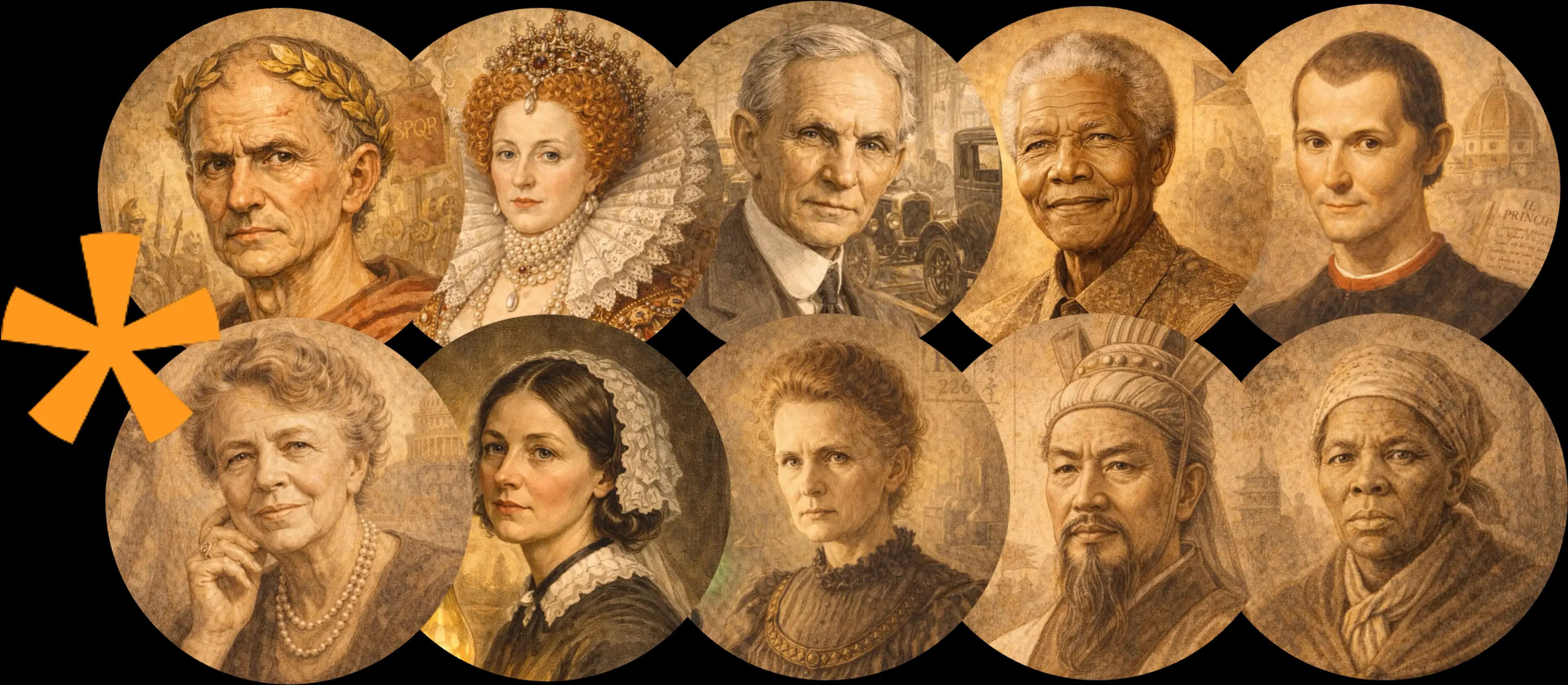 Images of Julius Caesar, Niccolo Machiavelli, Elizabeth I, Nelson Mandela, Marie Curie, Sun Tzu, Harriet Tubman, Eleanor Roosevelt, Henry Ford and Florence Nightingale