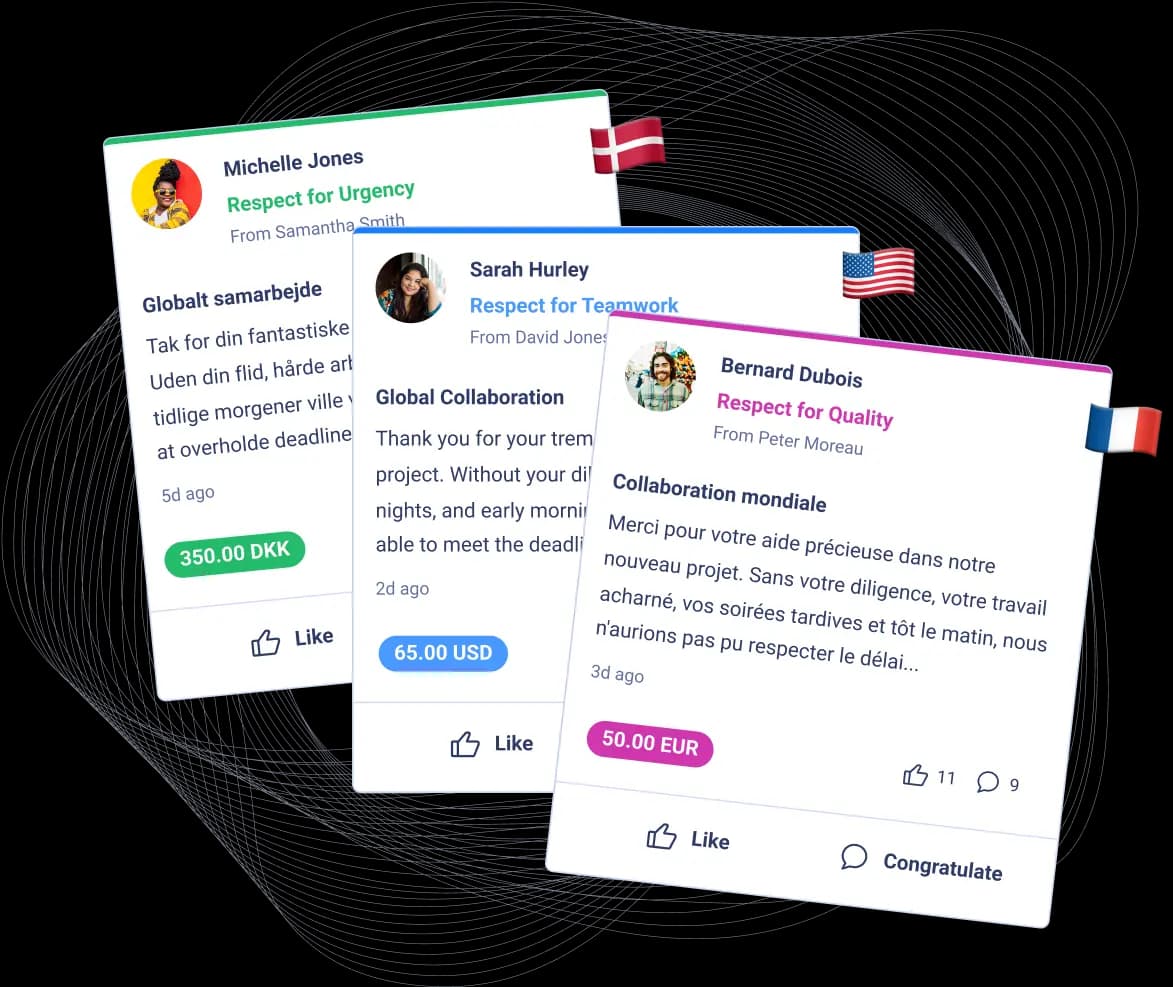 A collection of recognition messages displayed on a digital platform, showcasing three awards. Each message highlights individual achievements: Michelle Jones is recognized for "Respect for Urgency," Sarah Hurley for "Respect for Teamwork," and Bernard Dubois for "Respect for Quality." The messages are presented in multiple languages, including Danish and French, with accompanying visuals such as flags. The awards are accompanied by likes and congratulations from colleagues, emphasizing a collaborative and appreciative work environment.