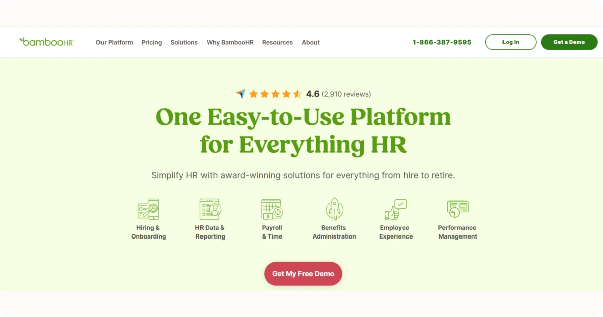 BambooHR homepage showing HR solutions including hiring, payroll, and performance management.