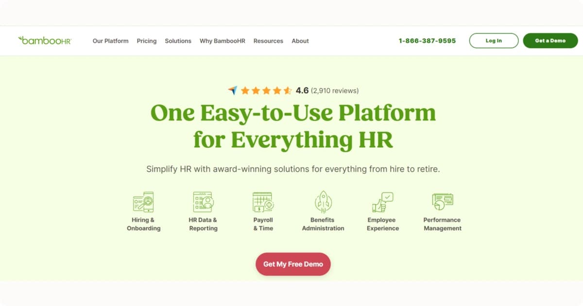 BambooHR homepage showing HR solutions including hiring, payroll, and performance management.