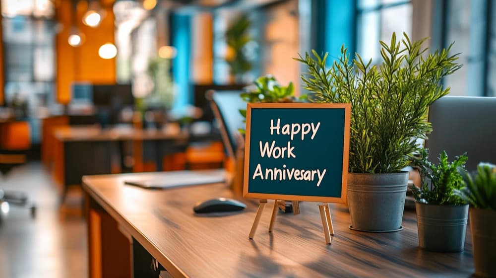A desk in an office setting featuring a small chalkboard sign that reads "Happy Work Anniversary." The sign stands among potted plants, with a computer and other workspace items blurred in the background, creating a warm and inviting atmosphere. The lighting appears soft and welcoming, indicating a pleasant workspace.