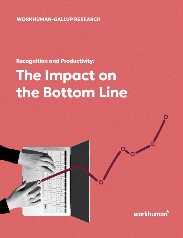 A close-up of a person's hands typing on a laptop, set against a pink background. The image features the title "WORKHUMAN-GALLUP RESEARCH," along with the subtitle "Recognition and Productivity: The Impact on the Bottom Line" in bold white text. An upward trend line graph is overlaid, suggesting an increase in productivity, aligning with the message of recognition in the workplace. The Workhuman logo is visible in the bottom right corner.