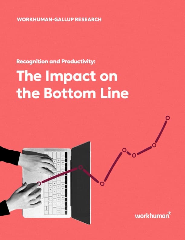 A close-up of a person's hands typing on a laptop, set against a pink background. The image features the title "WORKHUMAN-GALLUP RESEARCH," along with the subtitle "Recognition and Productivity: The Impact on the Bottom Line" in bold white text. An upward trend line graph is overlaid, suggesting an increase in productivity, aligning with the message of recognition in the workplace. The Workhuman logo is visible in the bottom right corner.