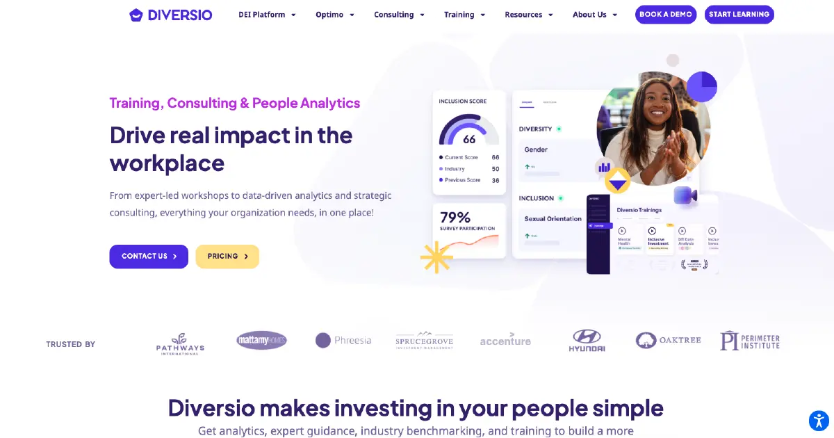 Diversio homepage featuring DEI training, consulting, people analytics, inclusion scores, and survey participation data.