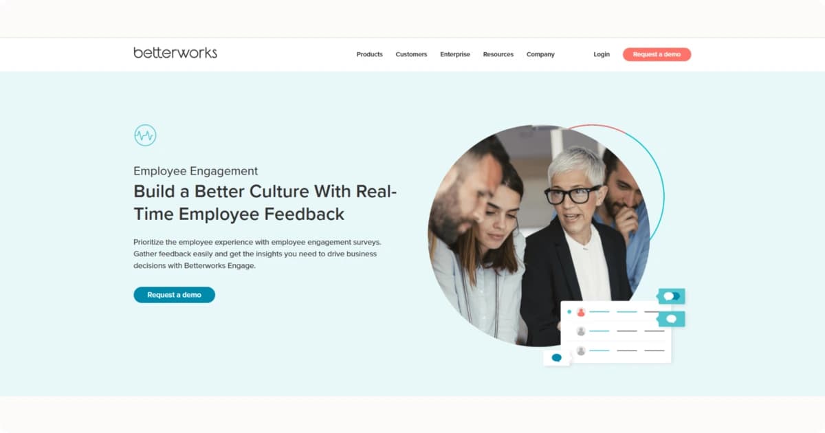 Betterworks homepage showing employee engagement solutions with real-time feedback to build a better company culture.