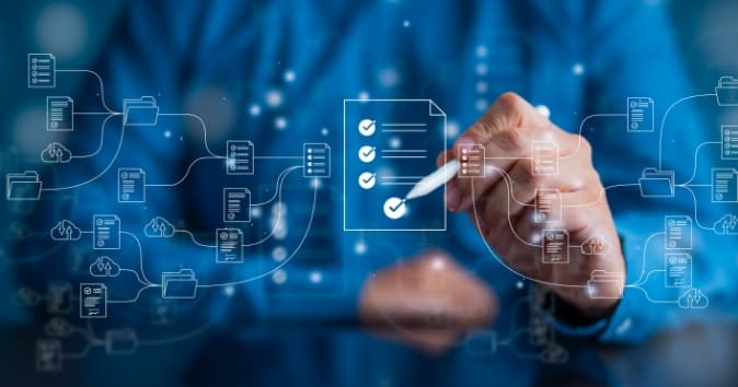 A person in a blue shirt is seen holding a pen and interacting with a digital checklist on a screen, surrounded by various icons representing files and data connections. The checklist has multiple items marked with check marks, indicating tasks that have been completed. The background appears abstract with a blend of blue tones, suggesting a technological or digital context.