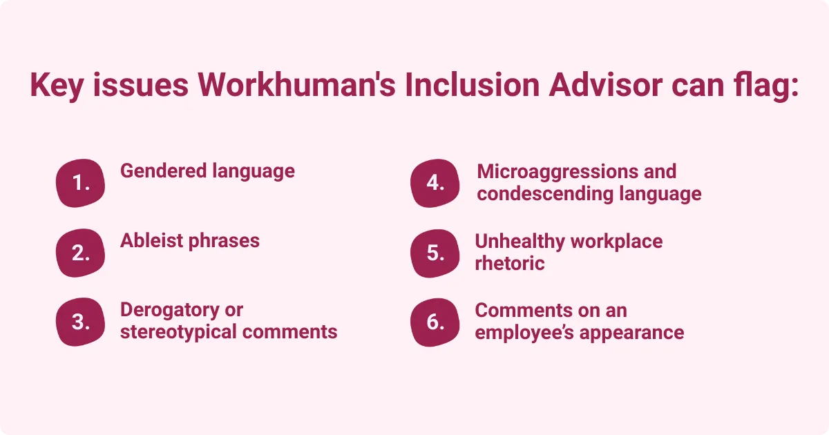 An infographic listing key issues that the Workhuman's Inclusion Advisor can flag, including gendered language, ableist phrases, derogatory or stereotypical comments, microaggressions and condescending language, unhealthy workplace rhetoric and comments on an employee's appearance.
