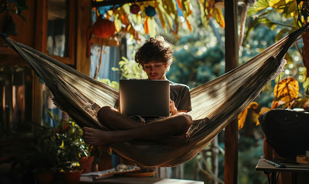 Typing on a laptop from an exotic locale in a hammock