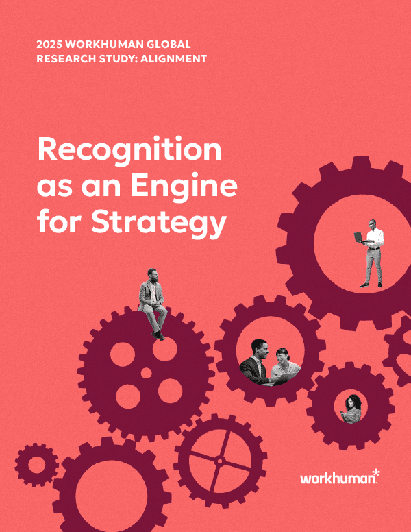 Report cover with the title "Recognition as an Engine for Strategy" in white on a textured red background positioned above a stylized illustration of maroon interlocking gears with black-and-white photos inside and on top of the gears showing people collaborating and working on laptop and phones. In the top left corner in white text is, "2025 Workhumanc Global Research Study: Alignment." In the bottom right corner is the Workhuman logo in white.