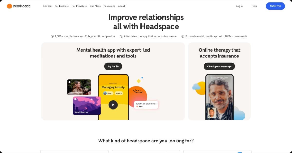 Snapshot of Headspace's homepage hero section for its mental health and wellness platform