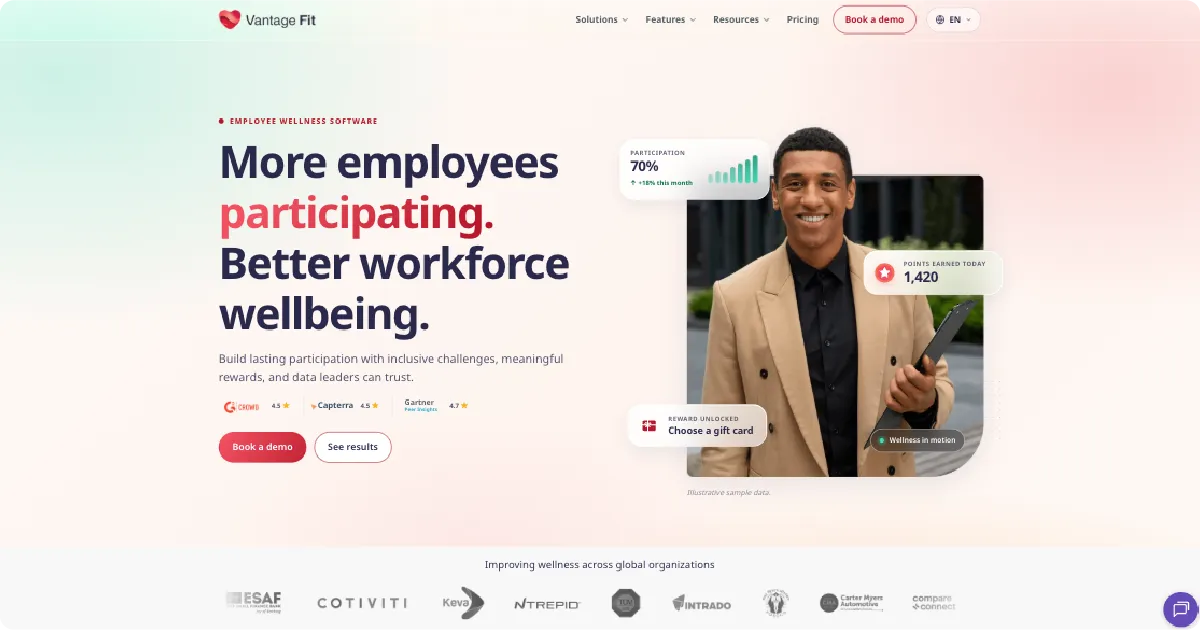 Snapshot of Vantage Fit's homepage hero section for its employee wellness software