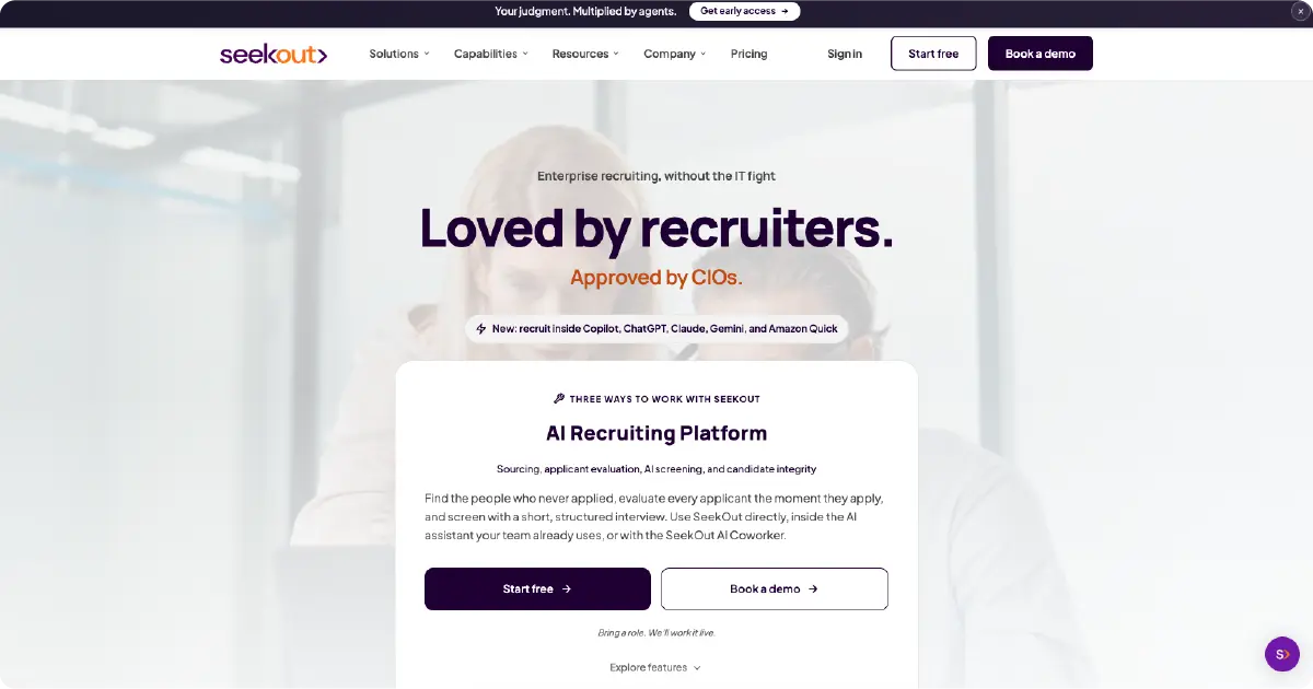 SeekOut homepage highlighting its AI recruiting platform for sourcing, applicant evaluation, screening, and candidate integrity.