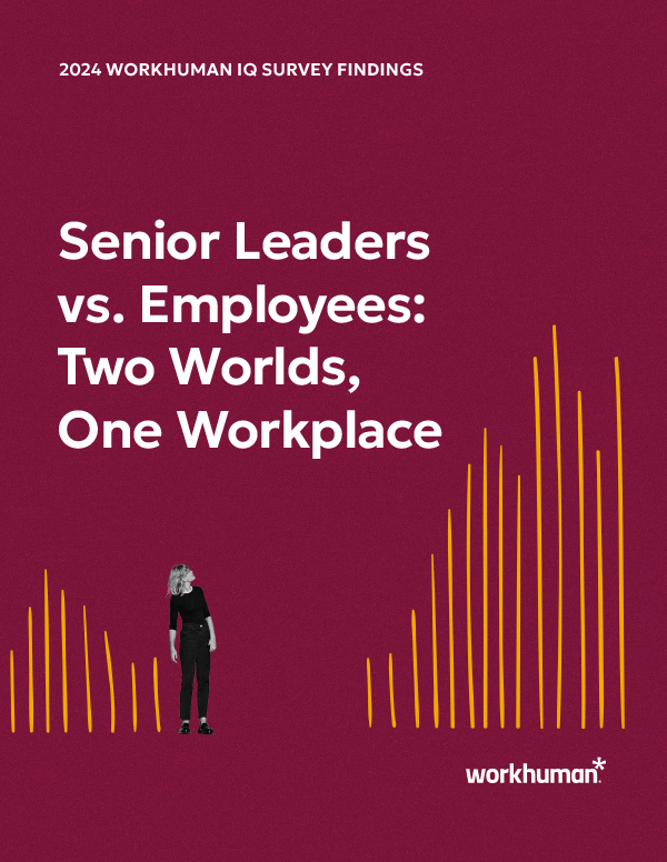 A graphic titled "2024 Workhuman IQ Survey Findings" features a woman standing on the left side, contrasted against a deep red background. To the right, there is a rising bar chart illustration in yellow. The main text reads, "Senior Leaders vs. Employees: Two Worlds, One Workplace," and the Workhuman logo is displayed at the bottom right.