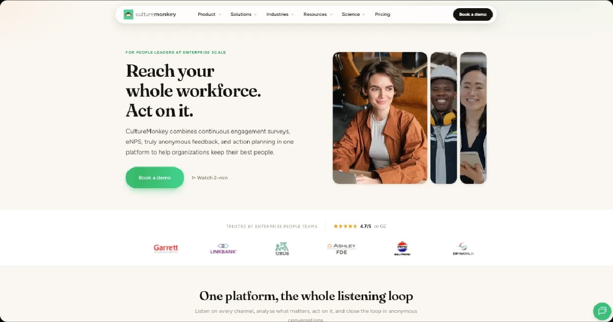 CultureMonkey homepage featuring employee surveys, anonymous feedback, action planning, and workforce listening tools.