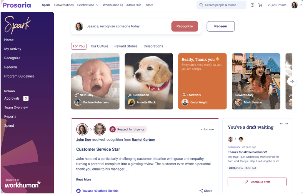 Tailored to each employee based on their Work Circles, the Culture Hub surfaces content that celebrates the goodness that comes from making work human.