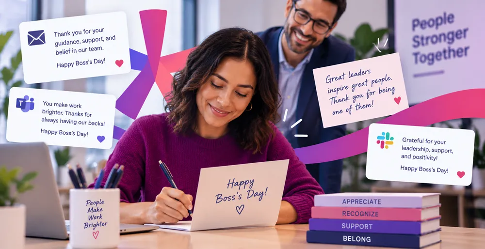 A manager with long, dark hair is sitting at a desk, writing on a notepad, while smiling at a laptop with a cup nearby. Colorful messages appear around them, expressing appreciation for leadership and support, with the text "Happy Boss's Day!" prominently featured. In the background, there are stacked books labeled "Appreciate," "Recognize," "Support," and "Belong," along with a poster that reads "People Stronger Together."