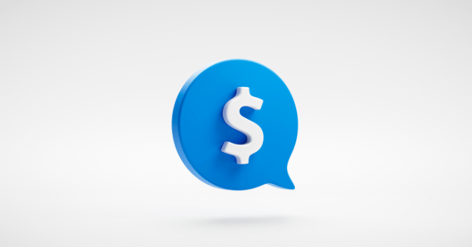 Blue speech bubble with money symbol