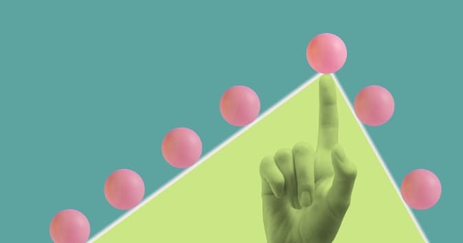 Illustration with a hand pushing a line up and pink spheres are going up and over the line.