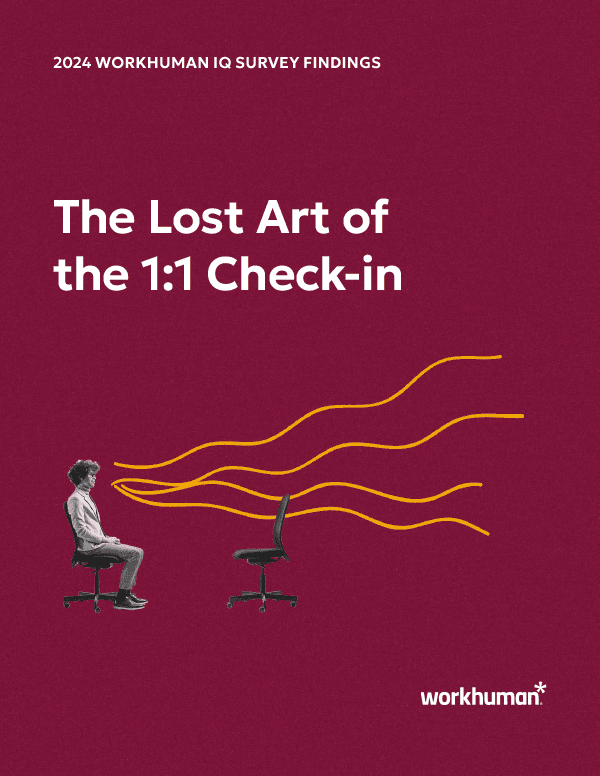 A cover page titled "2024 Workhuman IQ Survey Findings" features a split background with a maroon color. On the left, a person sits casually in an office chair, facing an empty chair symbolizing a 1:1 check-in. Above them, wavy yellow lines suggest communication or connection. The text prominently displays "The Lost Art of the 1:1 Check-in," while the Workhuman logo appears in the bottom right corner.