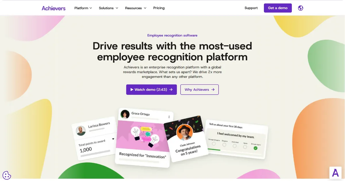 Screen capture of the Achievers platform offering.